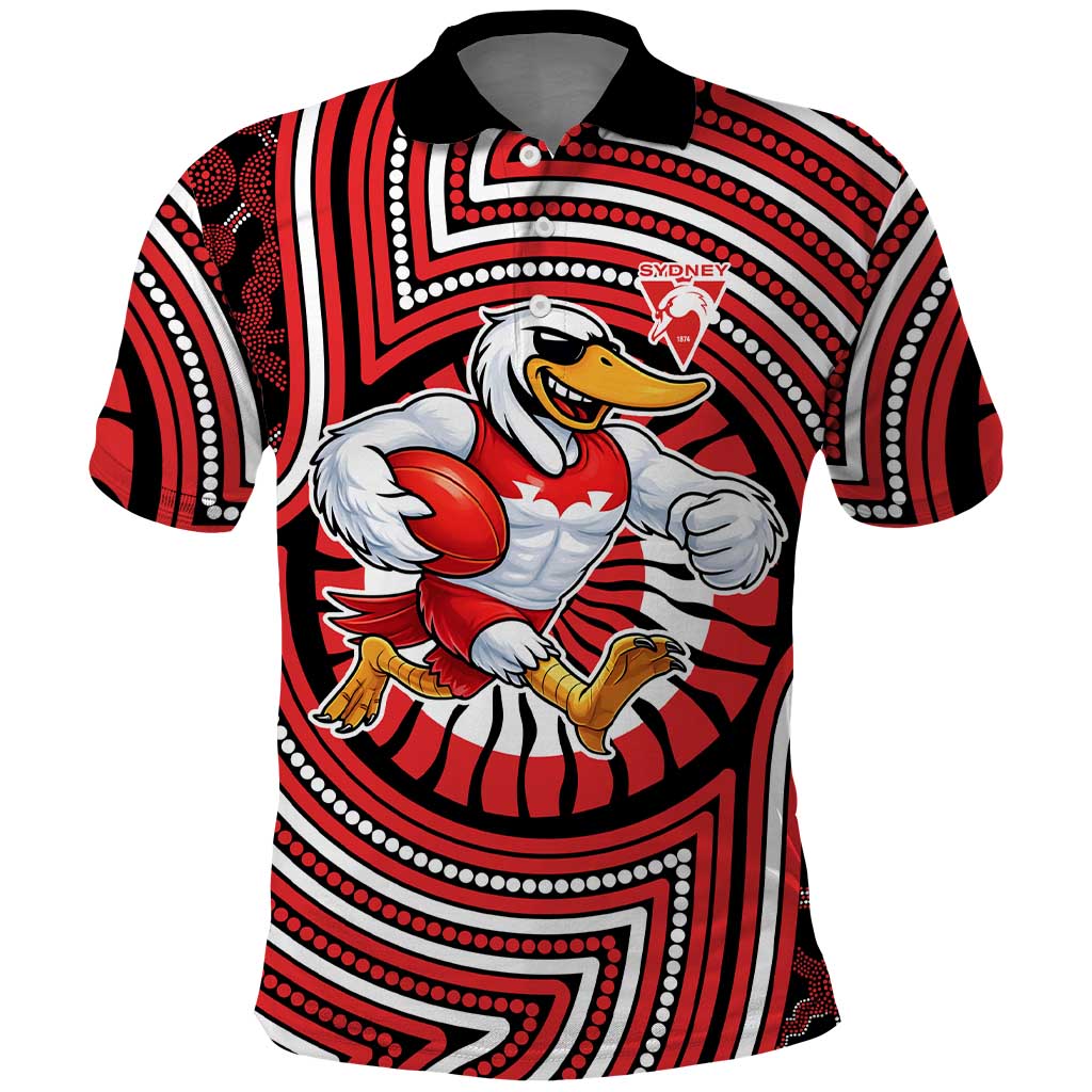 Sydney Swans Polo Shirt Indigenous Monochrome Dot Art Mascot Style