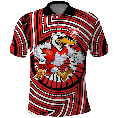 Sydney Swans Polo Shirt Indigenous Monochrome Dot Art Mascot Style