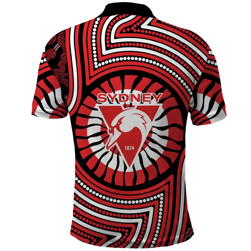 Sydney Swans Polo Shirt Indigenous Monochrome Dot Art Mascot Style