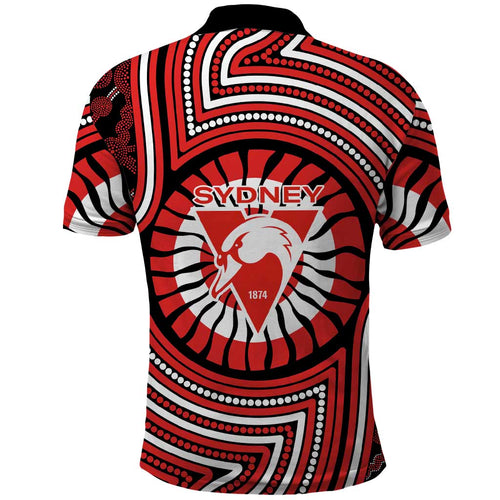Sydney Swans Polo Shirt Indigenous Monochrome Dot Art Mascot Style