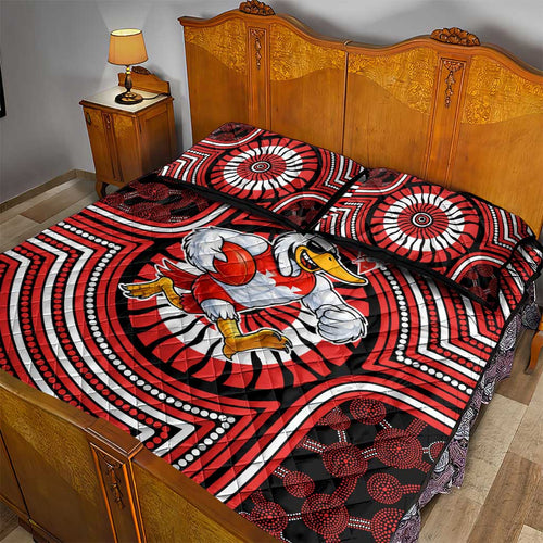 Sydney Swans Quilt Bed Set Indigenous Monochrome Dot Art Mascot Style
