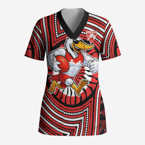 Sydney Swans Scrub Top Indigenous Monochrome Dot Art Mascot Style