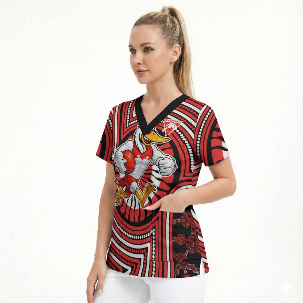 Sydney Swans Scrub Top Indigenous Monochrome Dot Art Mascot Style