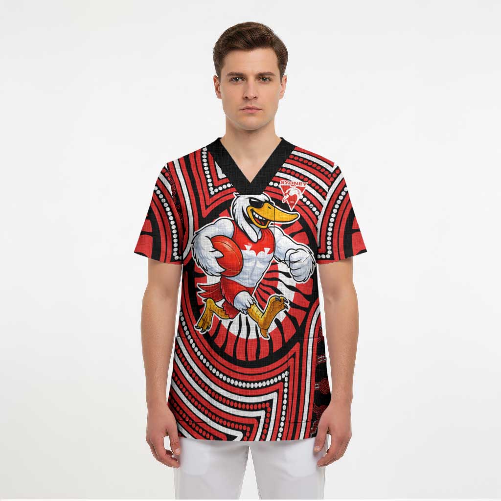 Sydney Swans Scrub Top Indigenous Monochrome Dot Art Mascot Style