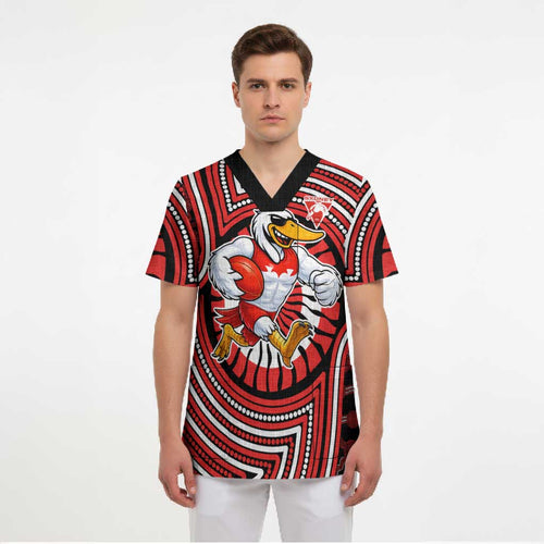 Sydney Swans Scrub Top Indigenous Monochrome Dot Art Mascot Style