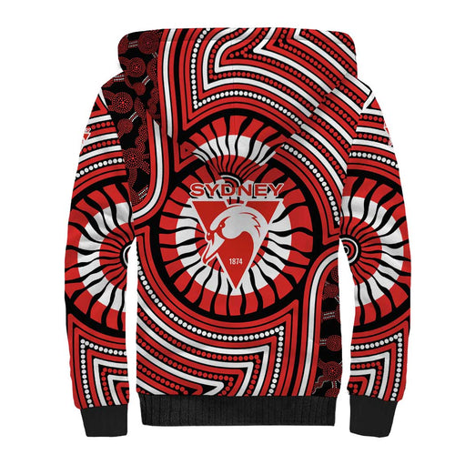 Sydney Swans Sherpa Hoodie Indigenous Monochrome Dot Art Mascot Style