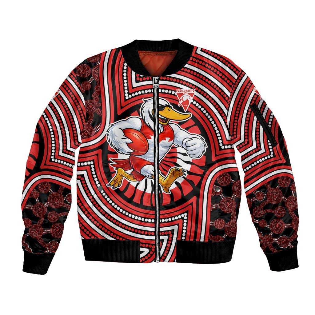 Sydney Swans Sleeve Zip Bomber Jacket Indigenous Monochrome Dot Art Mascot Style