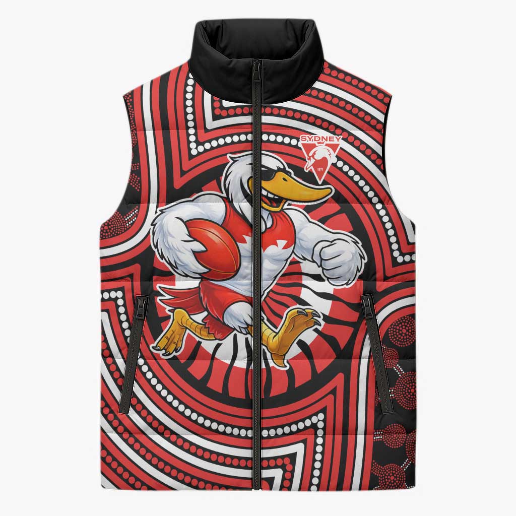 Sydney Swans Sleeveless Puffer Jacket Indigenous Monochrome Dot Art Mascot Style