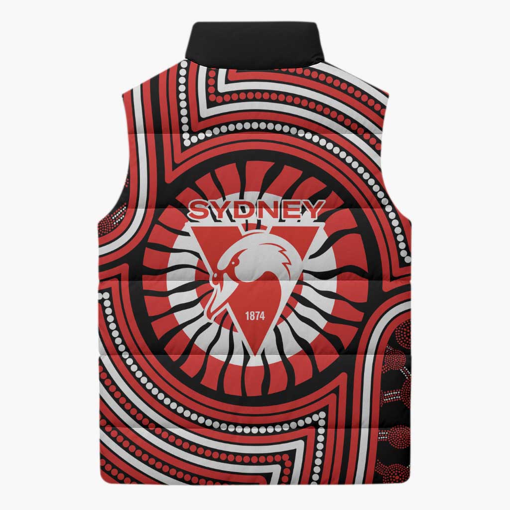 Sydney Swans Sleeveless Puffer Jacket Indigenous Monochrome Dot Art Mascot Style