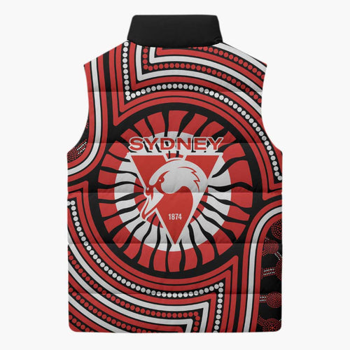 Sydney Swans Sleeveless Puffer Jacket Indigenous Monochrome Dot Art Mascot Style