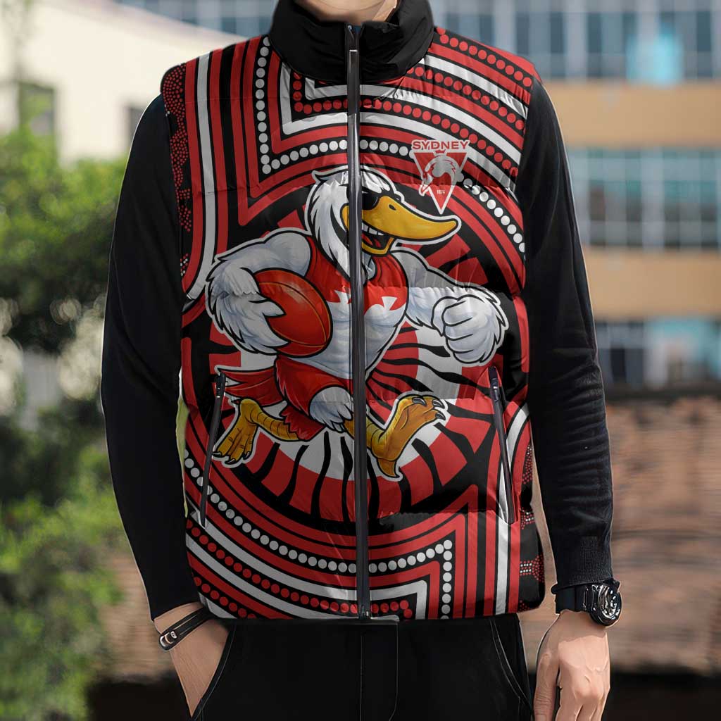 Sydney Swans Sleeveless Puffer Jacket Indigenous Monochrome Dot Art Mascot Style