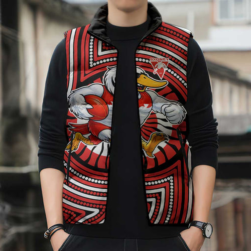 Sydney Swans Sleeveless Puffer Jacket Indigenous Monochrome Dot Art Mascot Style