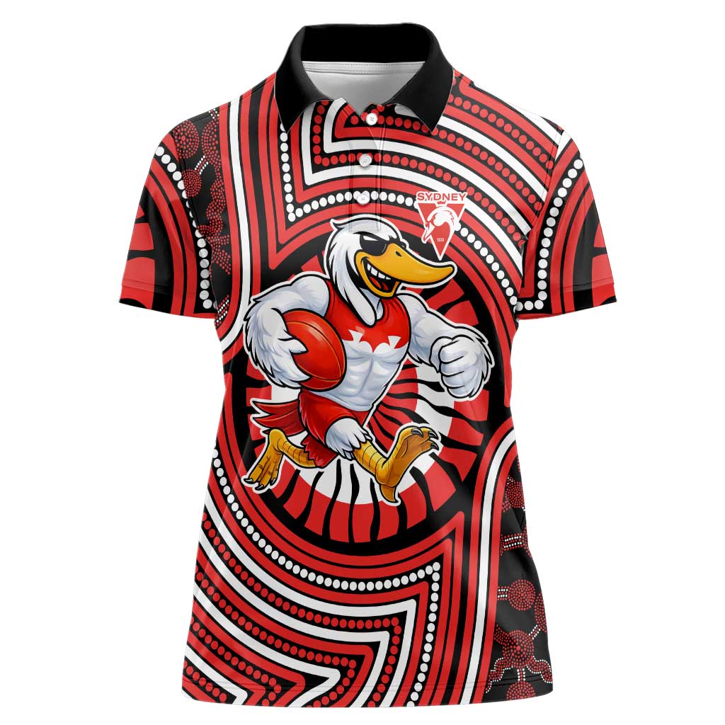 Sydney Swans Women Polo Shirt Indigenous Monochrome Dot Art Mascot Style