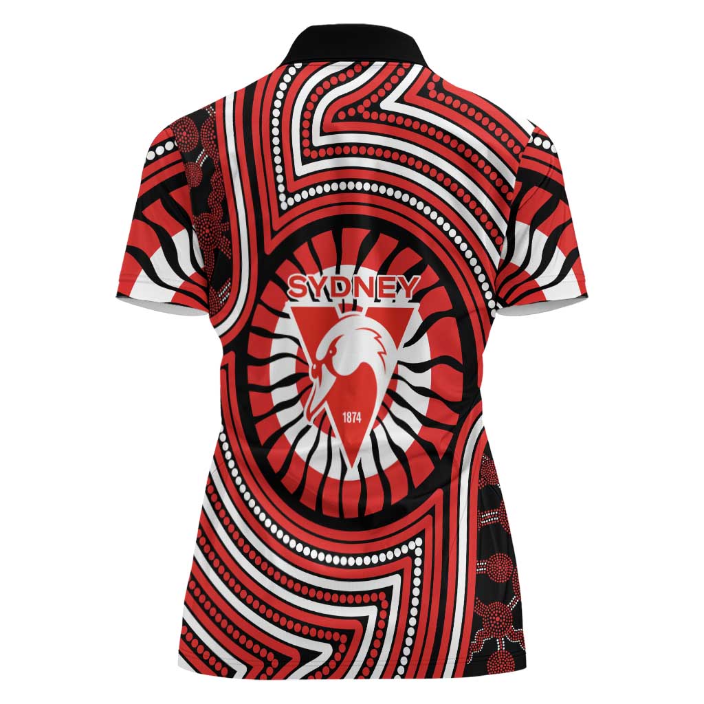 Sydney Swans Women Polo Shirt Indigenous Monochrome Dot Art Mascot Style