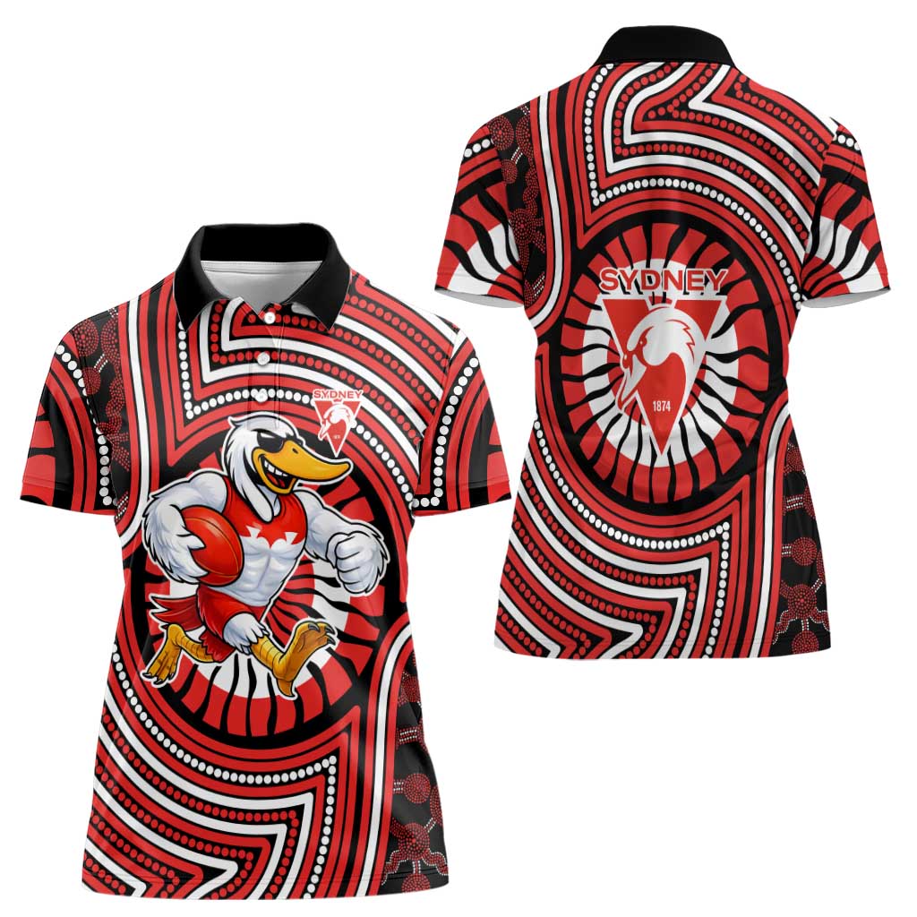 Sydney Swans Women Polo Shirt Indigenous Monochrome Dot Art Mascot Style