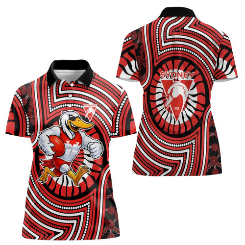 Sydney Swans Women Polo Shirt Indigenous Monochrome Dot Art Mascot Style
