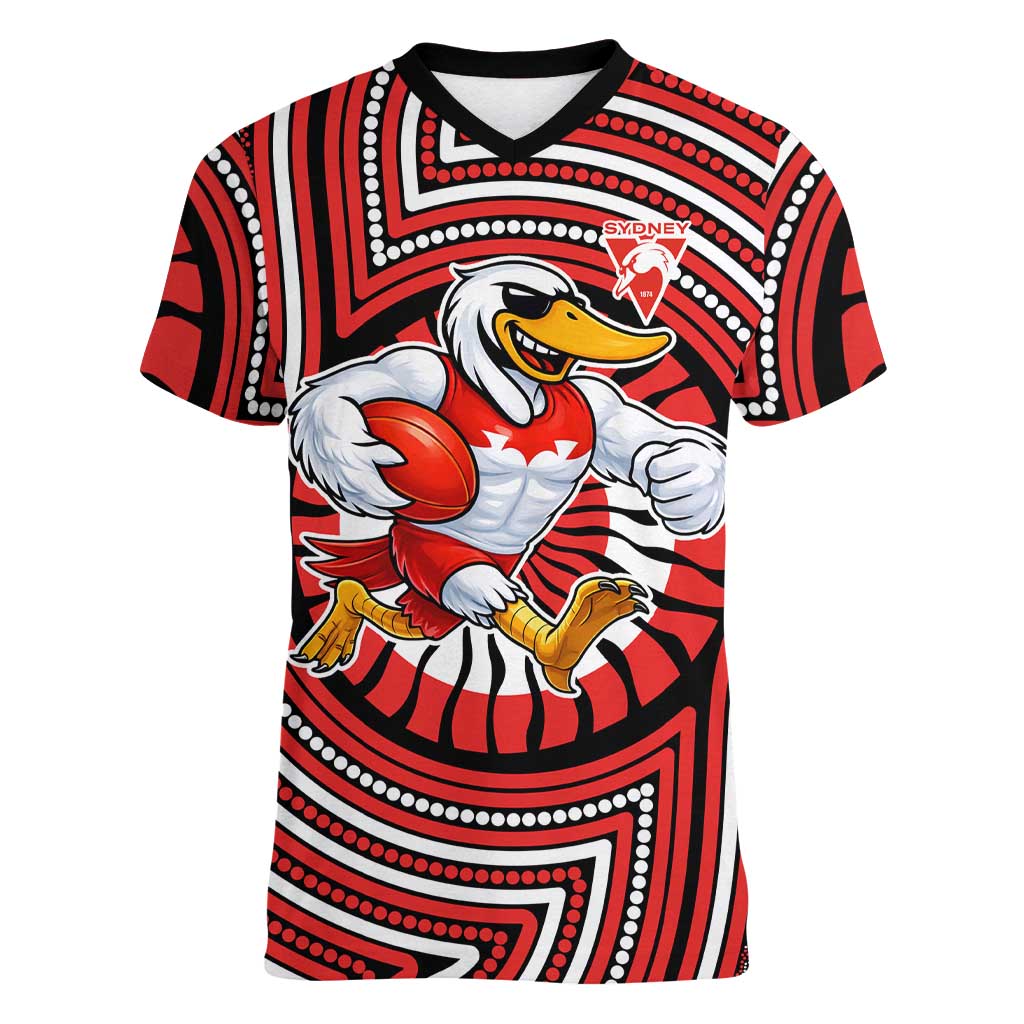 Sydney Swans Women V-Neck T-Shirt Indigenous Monochrome Dot Art Mascot Style