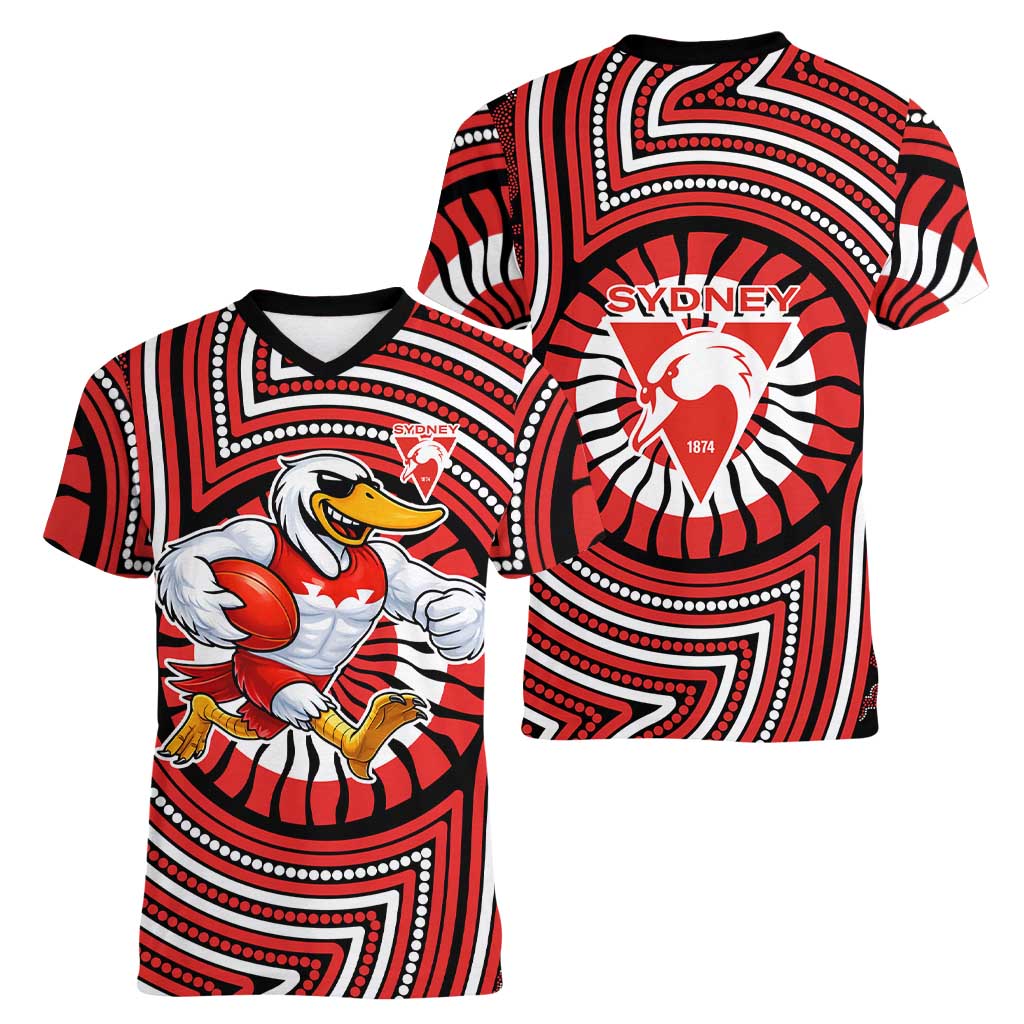 Sydney Swans Women V-Neck T-Shirt Indigenous Monochrome Dot Art Mascot Style