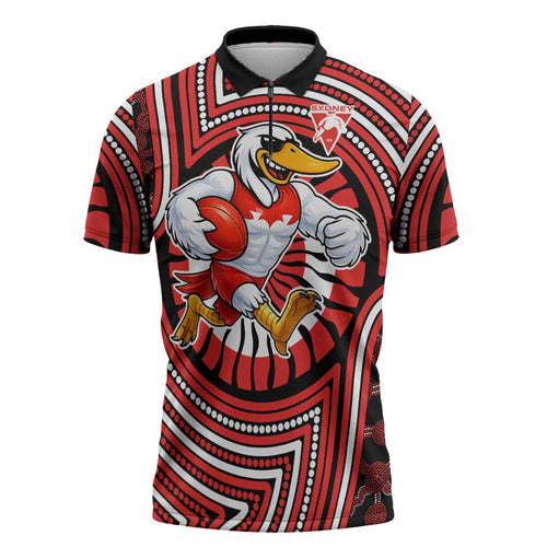 Sydney Swans Zipper Polo Shirt Indigenous Monochrome Dot Art Mascot Style