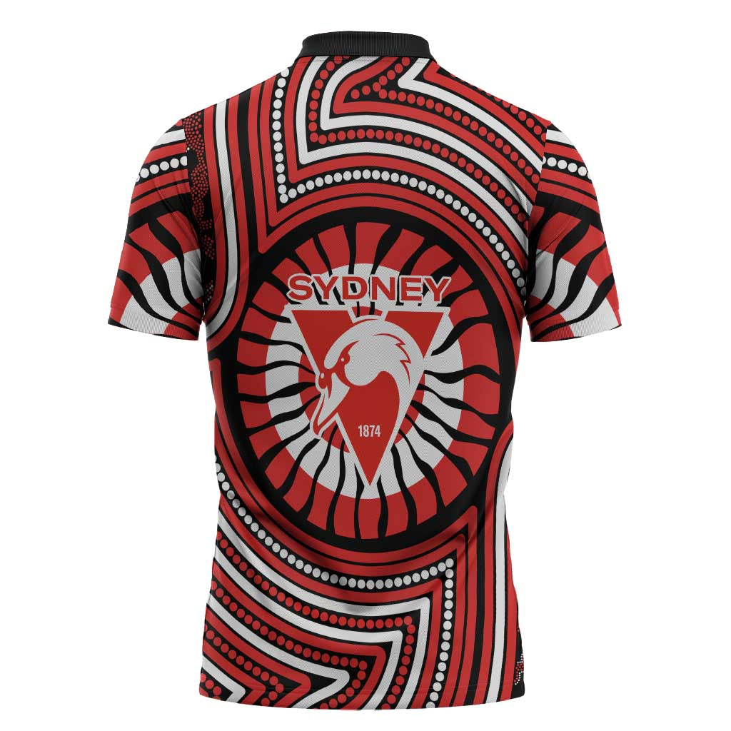 Sydney Swans Zipper Polo Shirt Indigenous Monochrome Dot Art Mascot Style