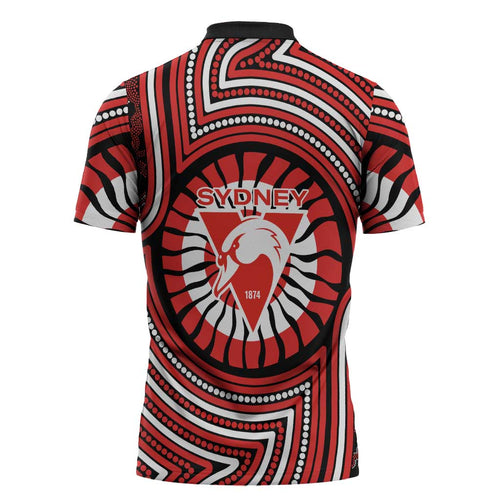 Sydney Swans Zipper Polo Shirt Indigenous Monochrome Dot Art Mascot Style