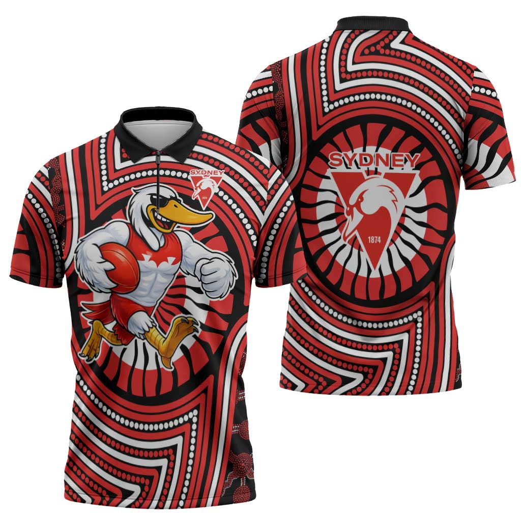 Sydney Swans Zipper Polo Shirt Indigenous Monochrome Dot Art Mascot Style