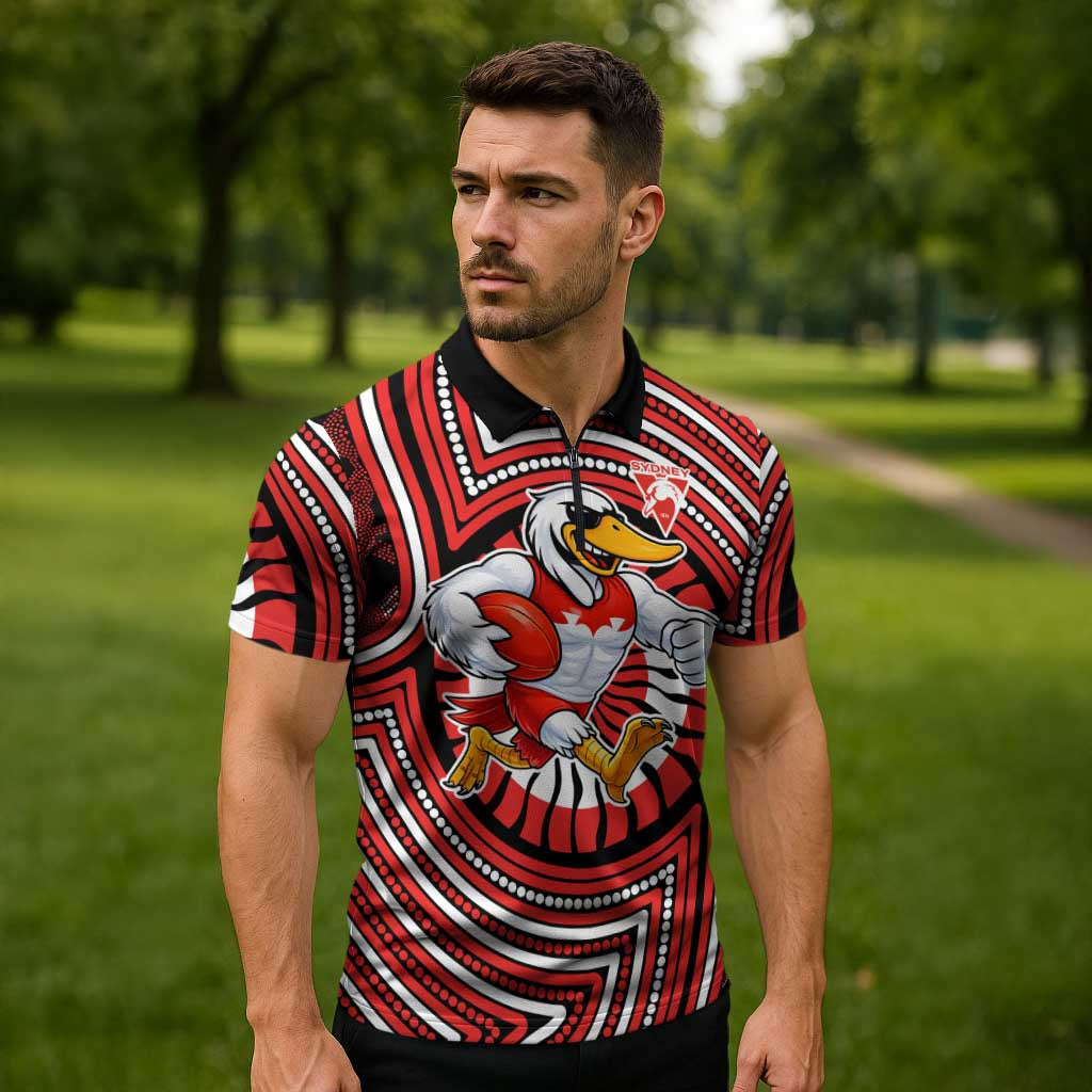 Sydney Swans Zipper Polo Shirt Indigenous Monochrome Dot Art Mascot Style