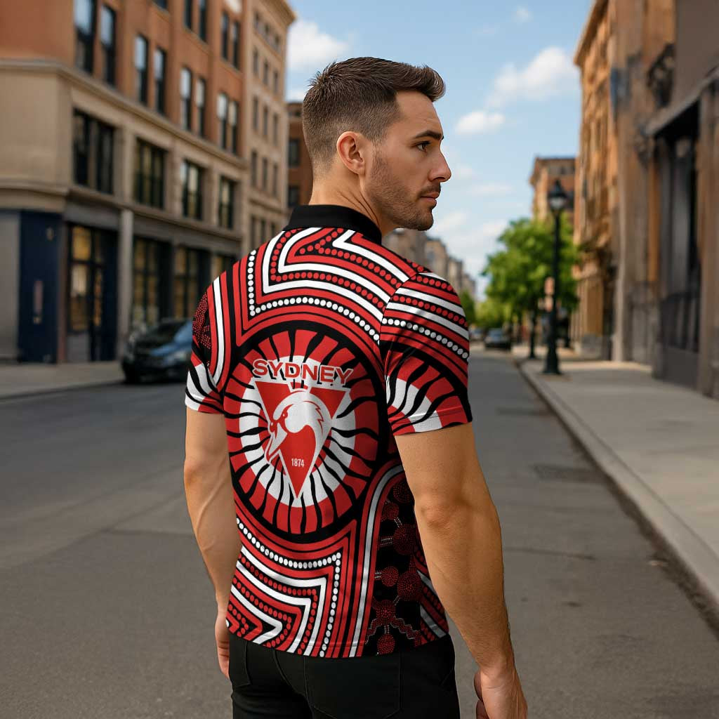 Sydney Swans Zipper Polo Shirt Indigenous Monochrome Dot Art Mascot Style