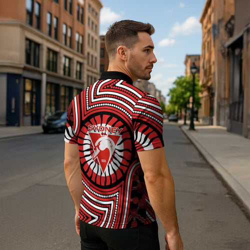 Sydney Swans Zipper Polo Shirt Indigenous Monochrome Dot Art Mascot Style