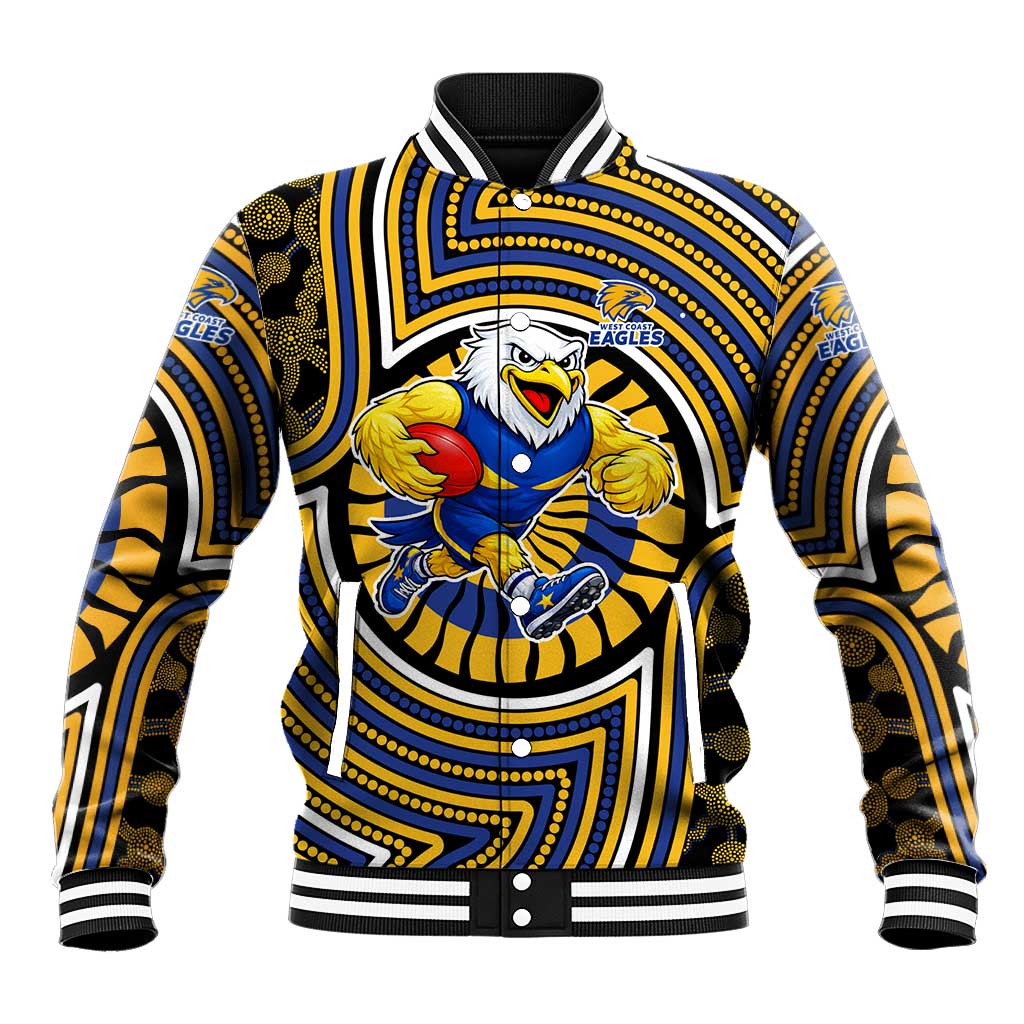 West Coast Eagles Baseball Jacket Indigenous Monochrome Dot Art Mascot Style