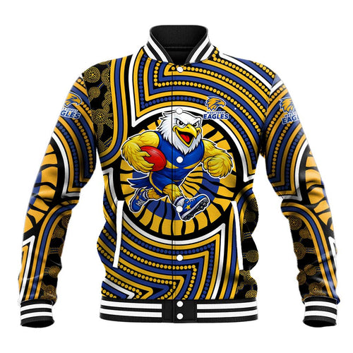 West Coast Eagles Baseball Jacket Indigenous Monochrome Dot Art Mascot Style