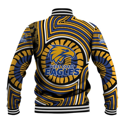 West Coast Eagles Baseball Jacket Indigenous Monochrome Dot Art Mascot Style