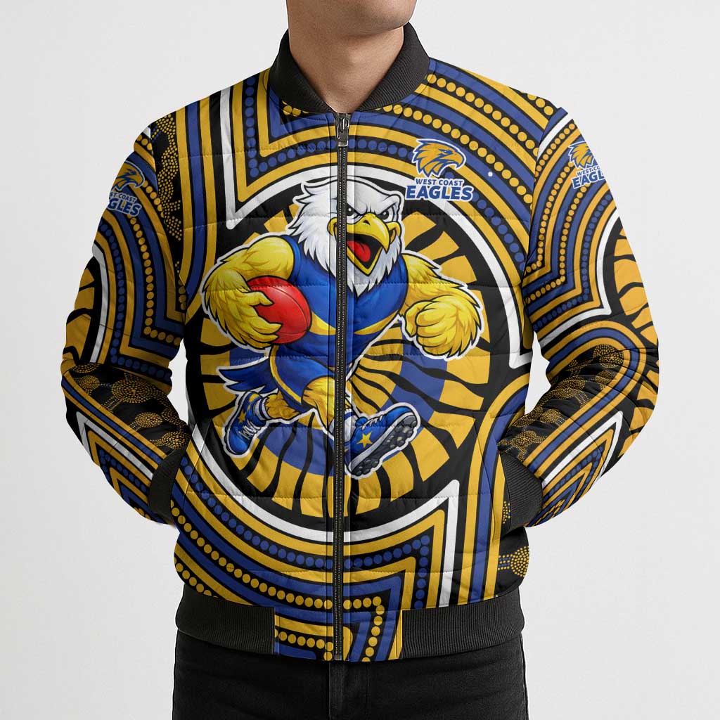 West Coast Eagles Bomber Puffer Jacket Indigenous Monochrome Dot Art Mascot Style