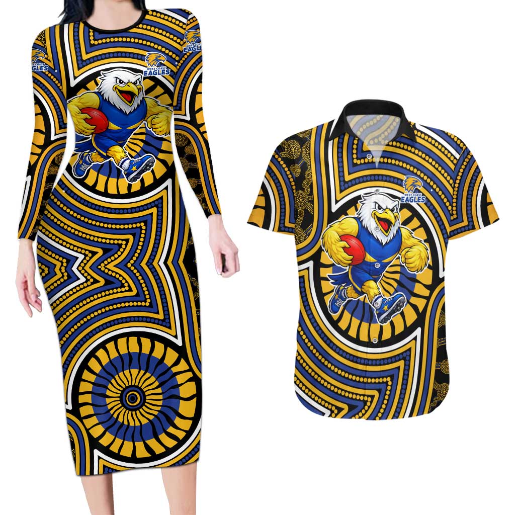 West Coast Eagles Couples Matching Long Sleeve Bodycon Dress and Hawaiian Shirt Indigenous Monochrome Dot Art Mascot Style