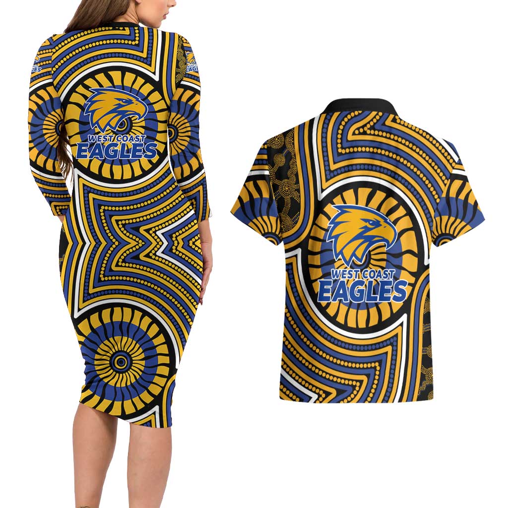 West Coast Eagles Couples Matching Long Sleeve Bodycon Dress and Hawaiian Shirt Indigenous Monochrome Dot Art Mascot Style