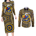 West Coast Eagles Couples Matching Long Sleeve Bodycon Dress and Long Sleeve Button Shirt Indigenous Monochrome Dot Art Mascot Style