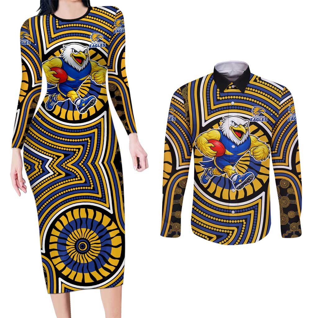 West Coast Eagles Couples Matching Long Sleeve Bodycon Dress and Long Sleeve Button Shirt Indigenous Monochrome Dot Art Mascot Style