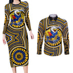 West Coast Eagles Couples Matching Long Sleeve Bodycon Dress and Long Sleeve Button Shirt Indigenous Monochrome Dot Art Mascot Style