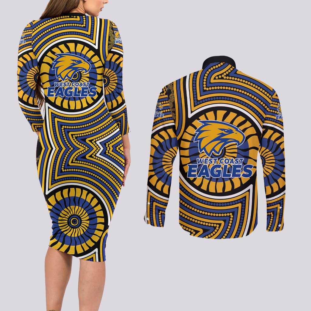 West Coast Eagles Couples Matching Long Sleeve Bodycon Dress and Long Sleeve Button Shirt Indigenous Monochrome Dot Art Mascot Style