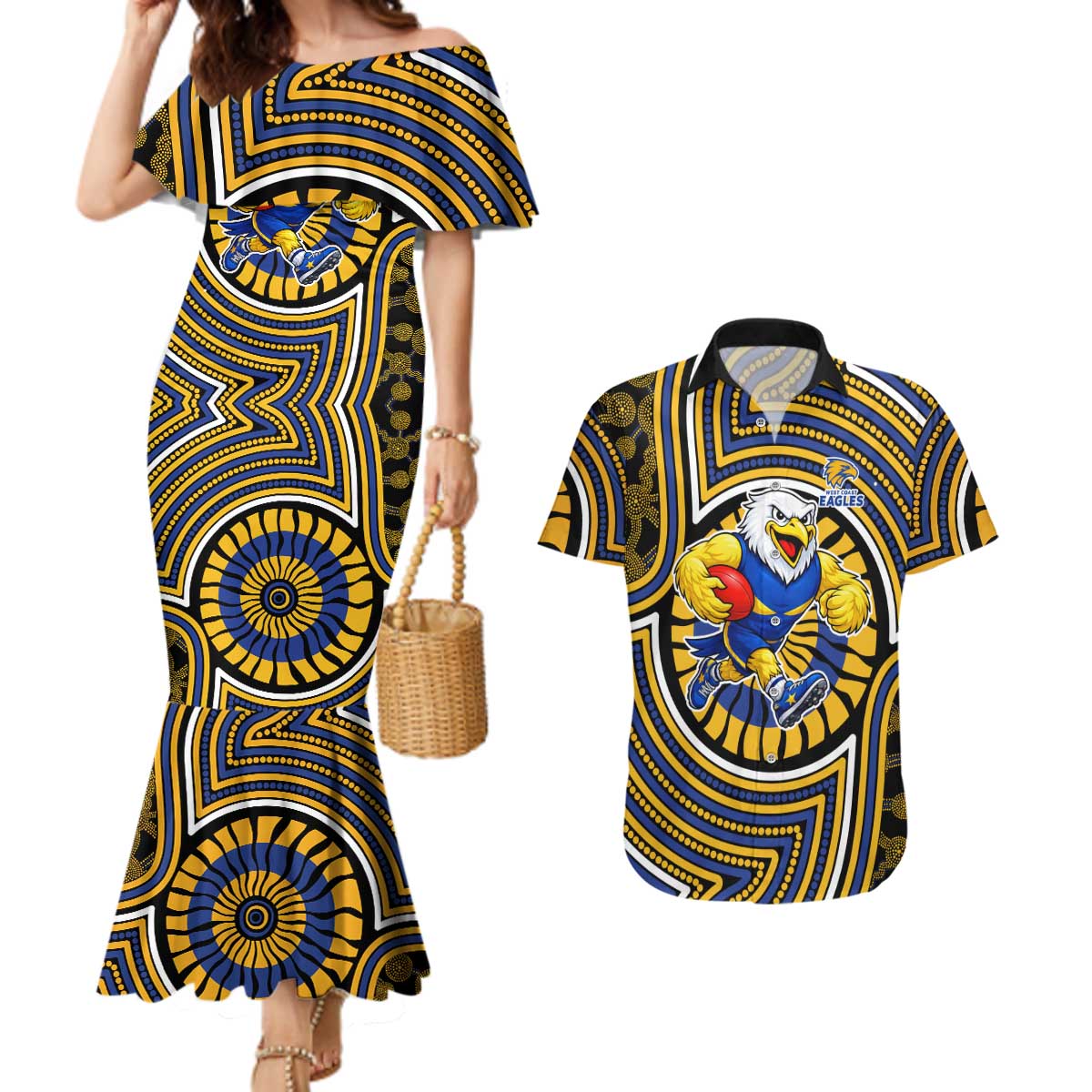 West Coast Eagles Couples Matching Mermaid Dress and Hawaiian Shirt Indigenous Monochrome Dot Art Mascot Style