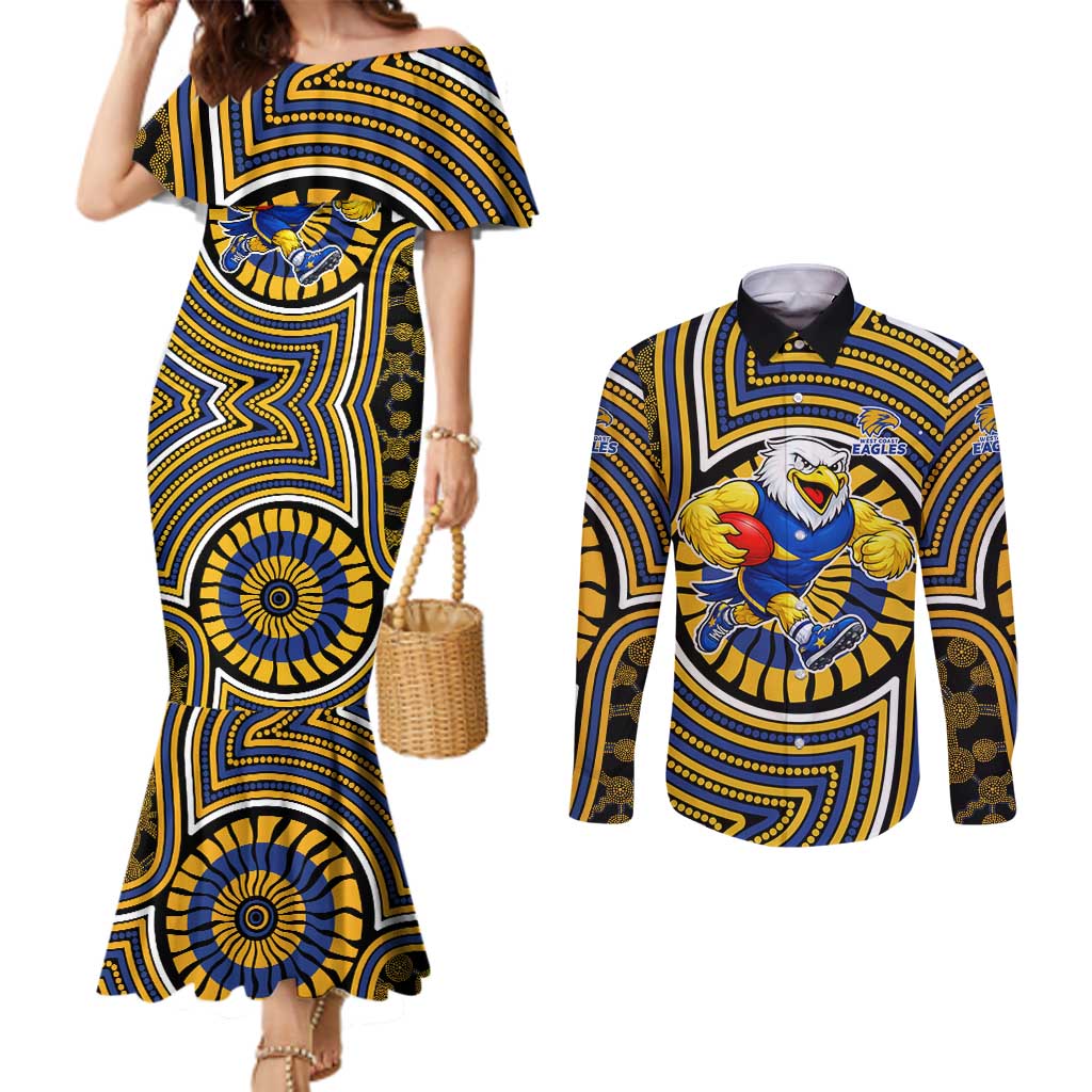 West Coast Eagles Couples Matching Mermaid Dress and Long Sleeve Button Shirt Indigenous Monochrome Dot Art Mascot Style