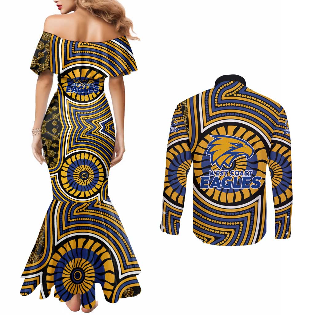 West Coast Eagles Couples Matching Mermaid Dress and Long Sleeve Button Shirt Indigenous Monochrome Dot Art Mascot Style