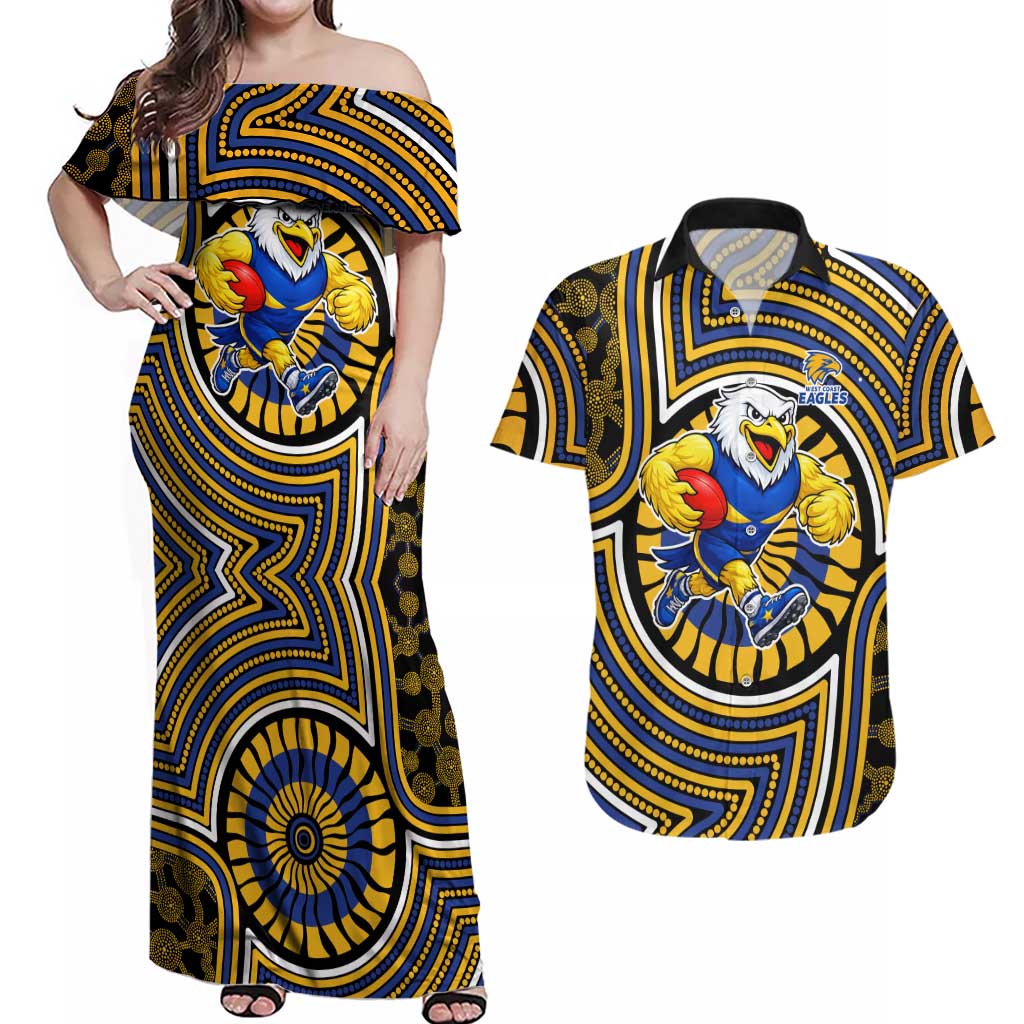 West Coast Eagles Couples Matching Off Shoulder Maxi Dress and Hawaiian Shirt Indigenous Monochrome Dot Art Mascot Style