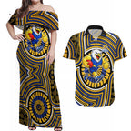 West Coast Eagles Couples Matching Off Shoulder Maxi Dress and Hawaiian Shirt Indigenous Monochrome Dot Art Mascot Style
