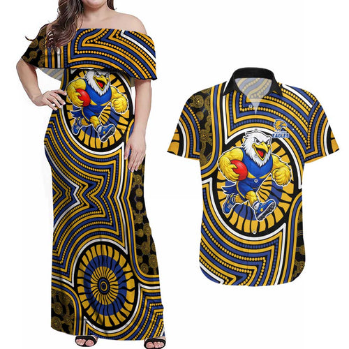 West Coast Eagles Couples Matching Off Shoulder Maxi Dress and Hawaiian Shirt Indigenous Monochrome Dot Art Mascot Style