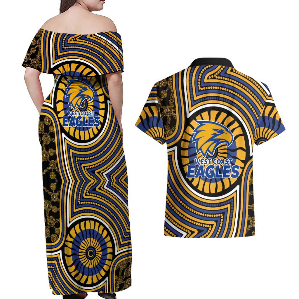 West Coast Eagles Couples Matching Off Shoulder Maxi Dress and Hawaiian Shirt Indigenous Monochrome Dot Art Mascot Style