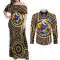 West Coast Eagles Couples Matching Off Shoulder Maxi Dress and Long Sleeve Button Shirt Indigenous Monochrome Dot Art Mascot Style