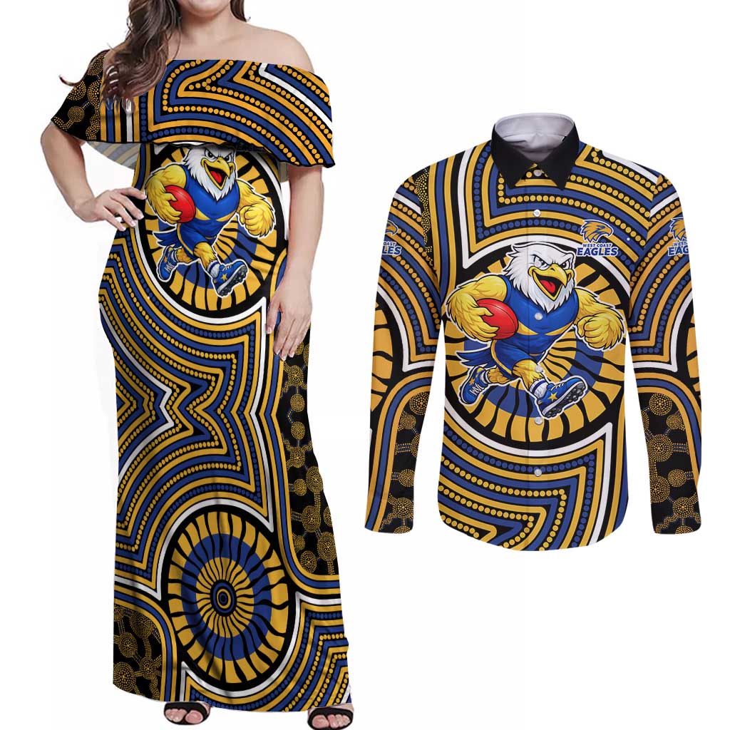 West Coast Eagles Couples Matching Off Shoulder Maxi Dress and Long Sleeve Button Shirt Indigenous Monochrome Dot Art Mascot Style