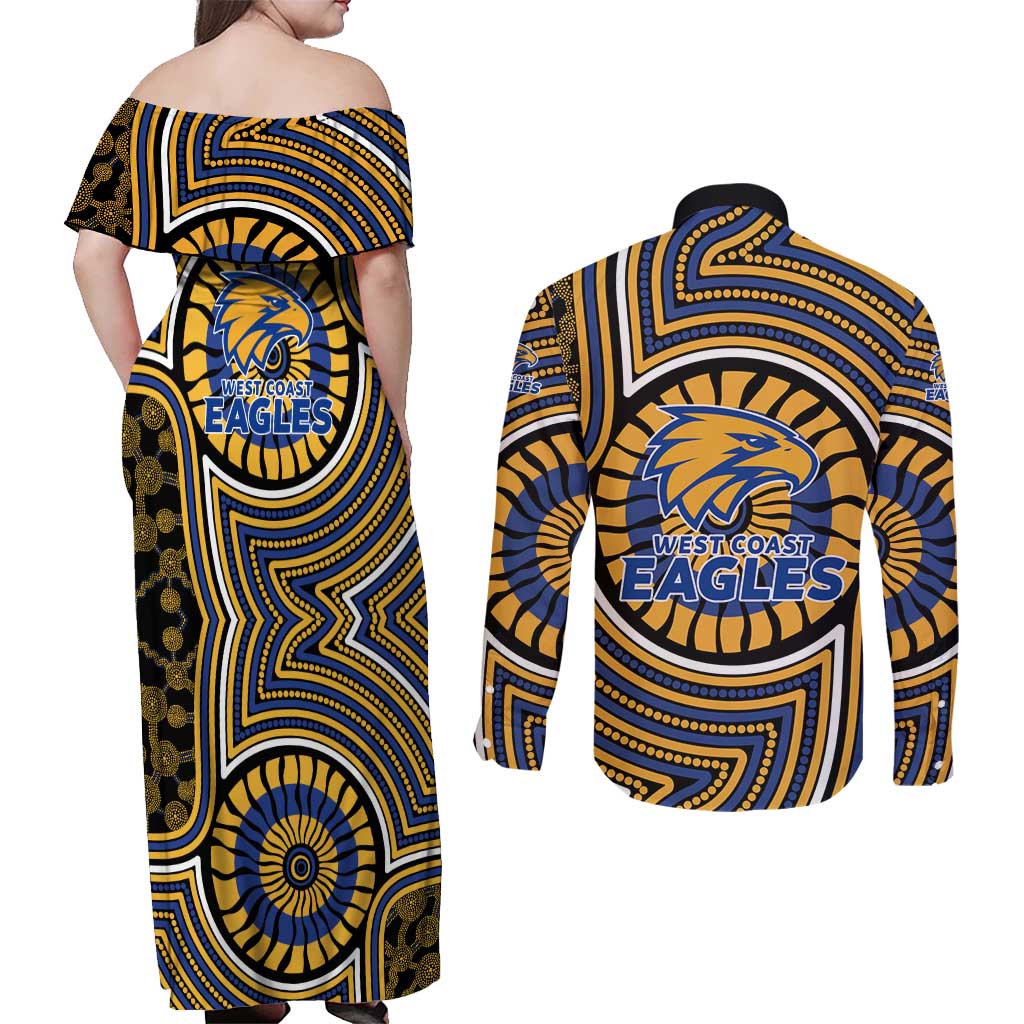 West Coast Eagles Couples Matching Off Shoulder Maxi Dress and Long Sleeve Button Shirt Indigenous Monochrome Dot Art Mascot Style