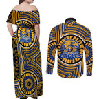 West Coast Eagles Couples Matching Off Shoulder Maxi Dress and Long Sleeve Button Shirt Indigenous Monochrome Dot Art Mascot Style